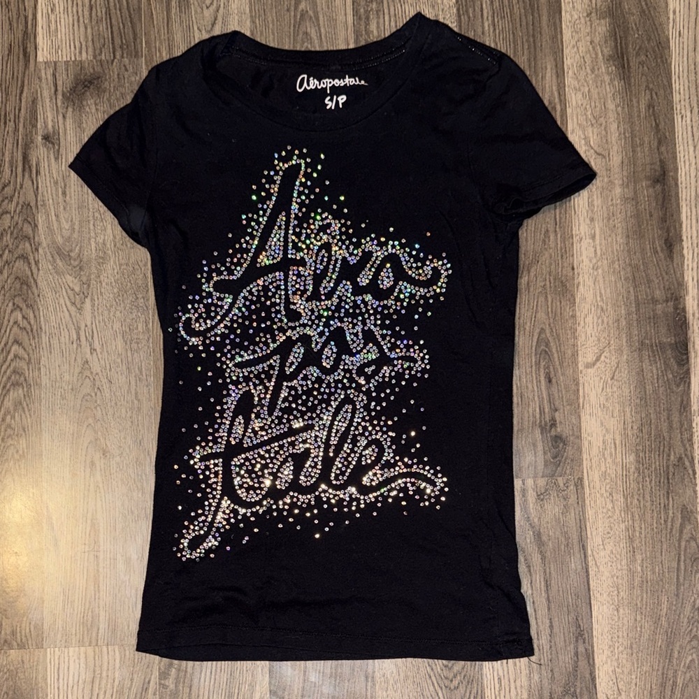 Aeropostale Black Short Sleeve Tee with Iridescent Rhinestone Logo